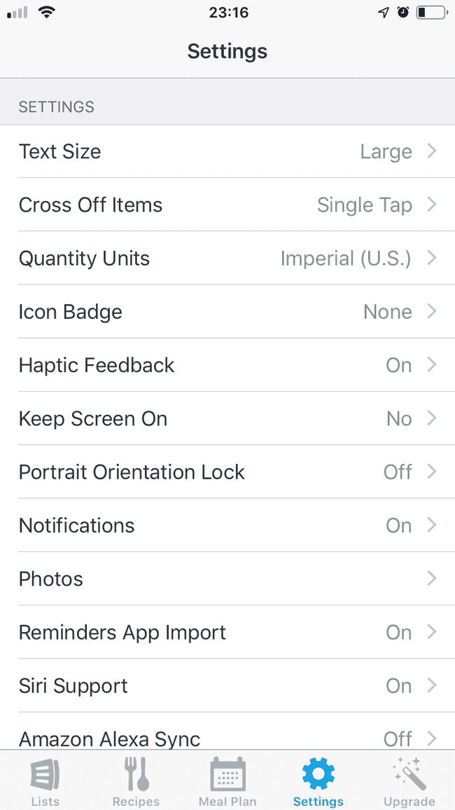 AnyList settings screen